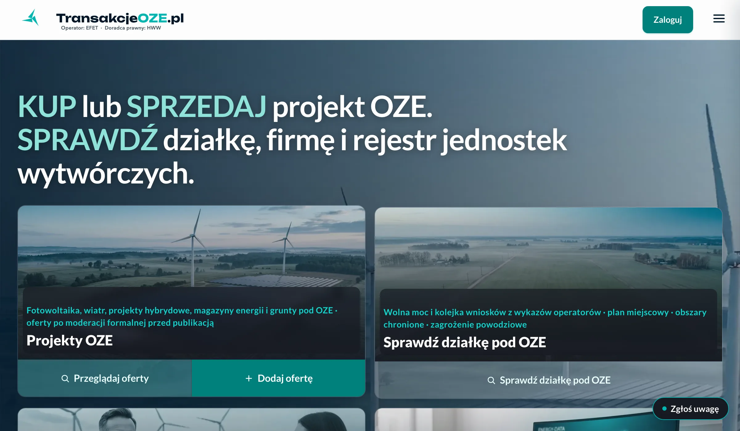 Strona główna TransakcjeOZE.pl: wyszukiwarka projektów OZE i sprawdzanie działki